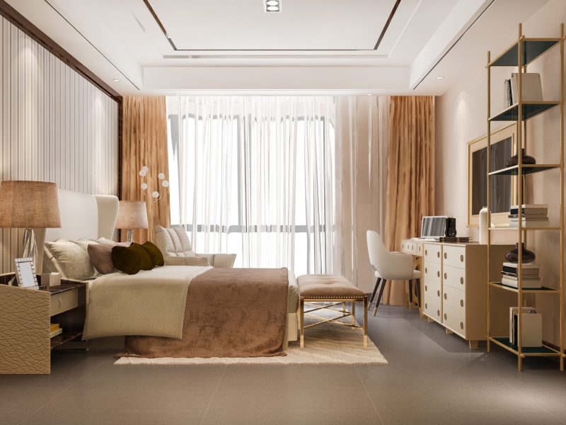 3d rendering beautiful luxury bedroom suite in hotel with tv and shelf